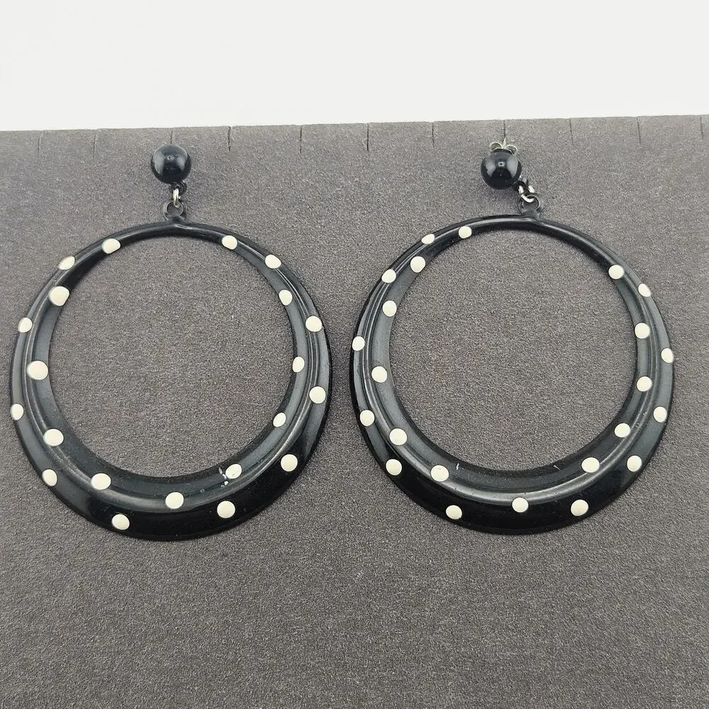 Polka Dot Dangle Drop Hoop Earrings Black White Retro Mod Go-Go Eclectic Funky